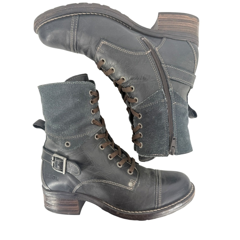 Taos Crave Black Leather Suede Combat Boots EU 38 7-7.5 Side Zip Lace Up Cap Toe - Picture 8 of 10